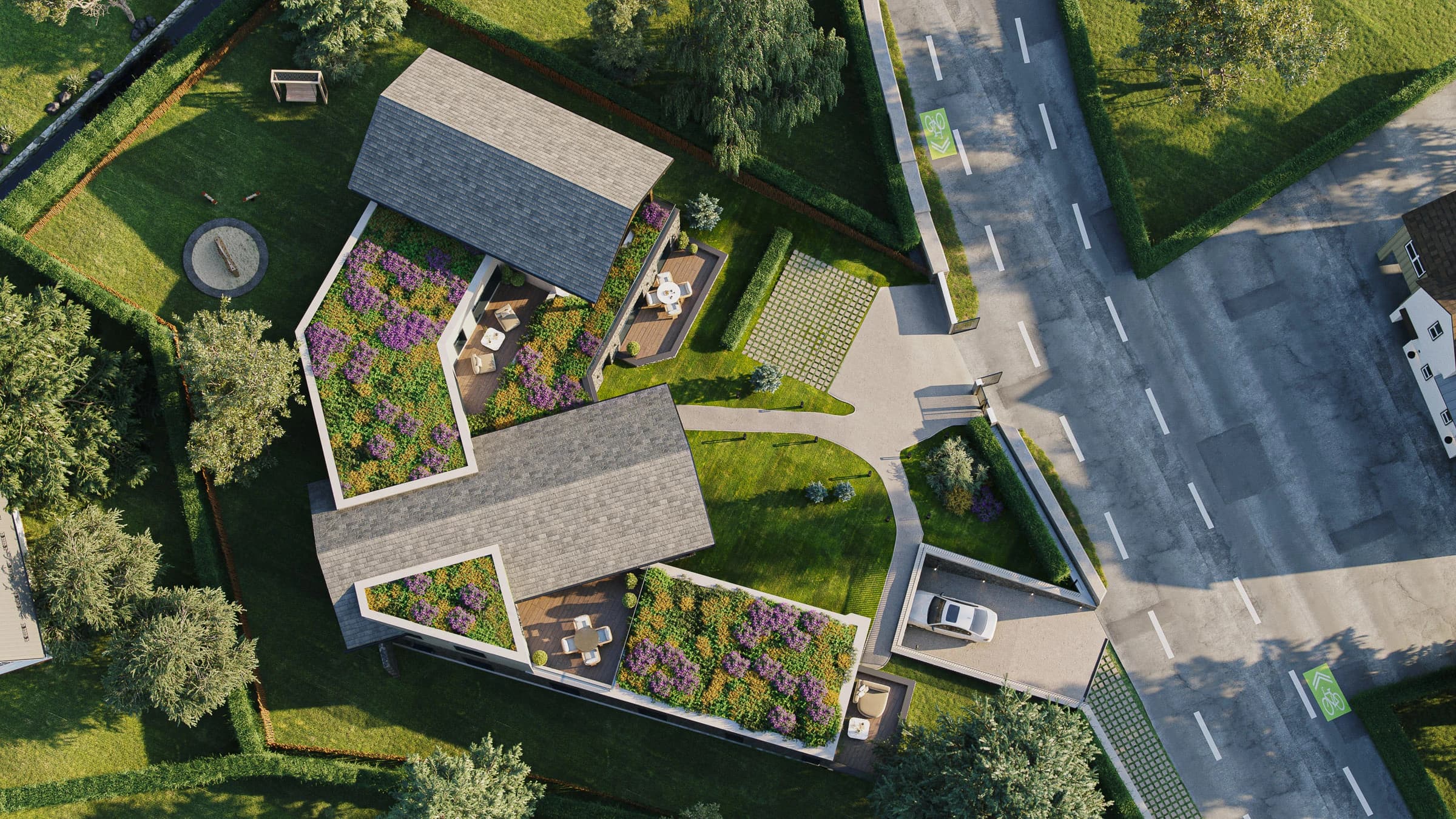 Vue aérienne du programme Le Cèdre, implantation rive ouest du lac du Bourget, jardin et terrasses sud-est